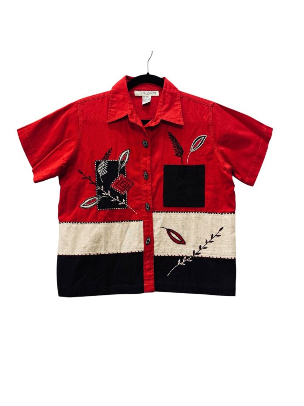 Vintage 90s Linen Blend Top S Color Block Black Red Applique Grannycore Artsy - Picture 2 of 8
